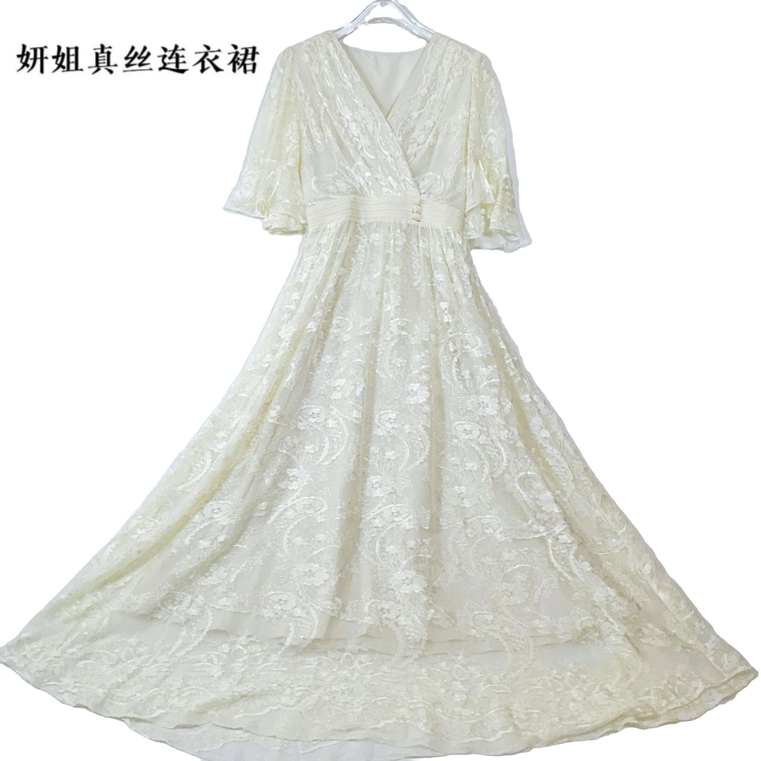 妍姐新款连衣裙宽松高端走秀气质轻奢夏季真丝连衣裙 白色 24149