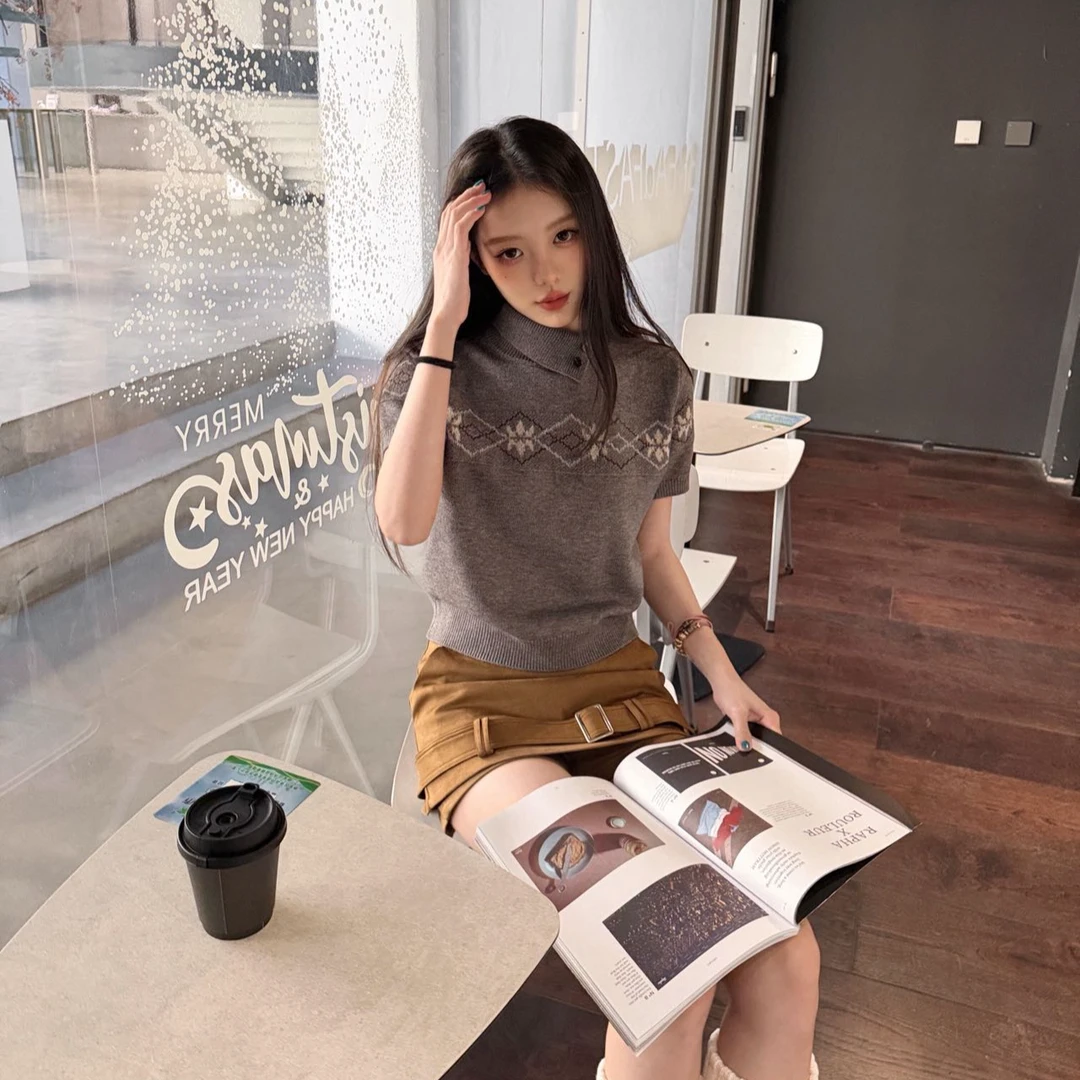 韩系费尔岛针织衫女复古圣诞提花短袖毛衣百搭半身裙短裙两件套