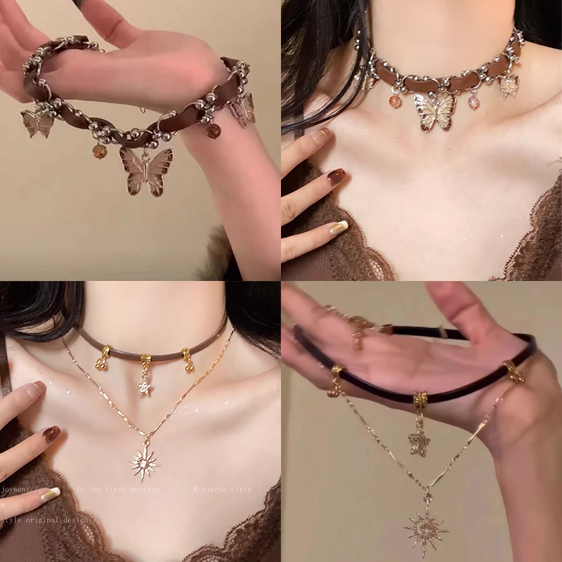 铜合金亚克力项链 美拉德choker蝴蝶项圈小众高级棕色项链锁骨链