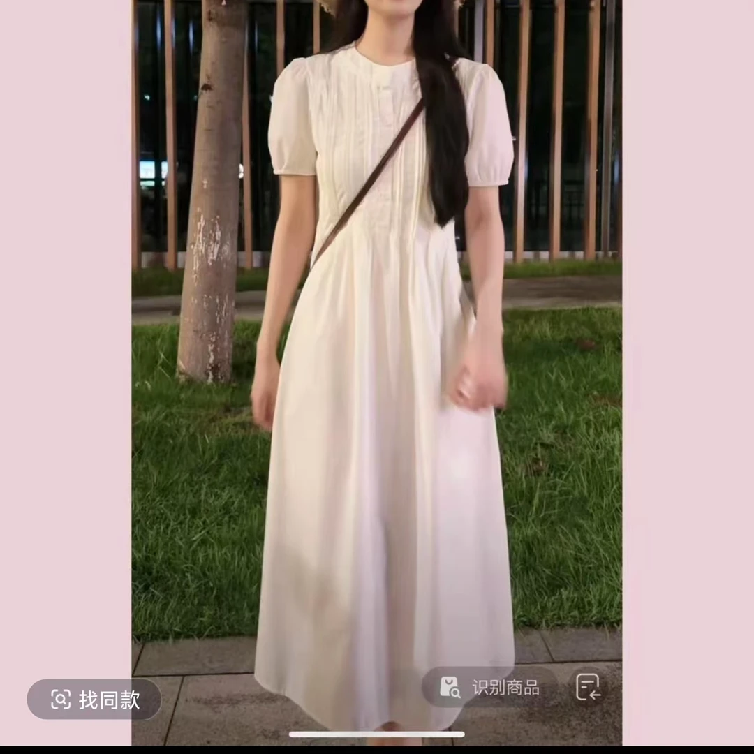 笛卉春夏泡泡袖连衣裙单排扣夏季设计感女装纯色法式极简风裙子