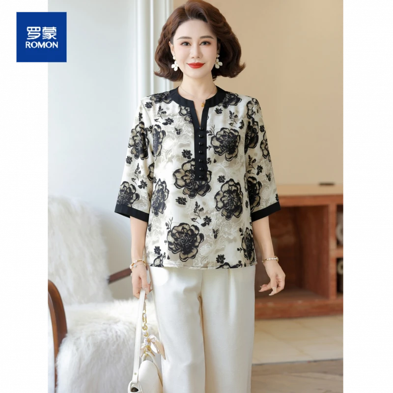 妈妈装夏装七分袖宽松气质上衣套装中老年女装洋气雪纺小衫两件套