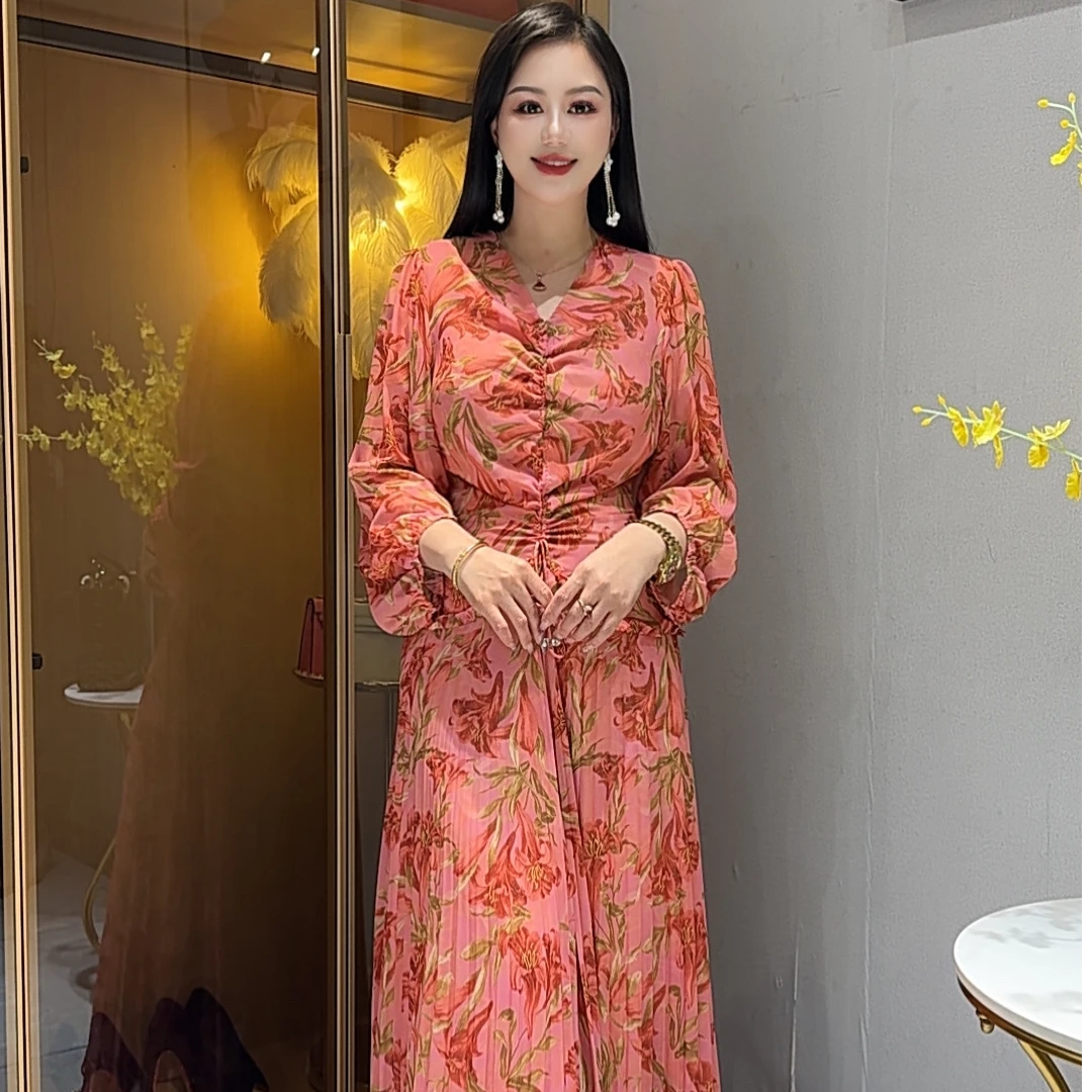 25夏新款印花法式温柔风时尚气质优雅收腰显瘦连衣裙6158