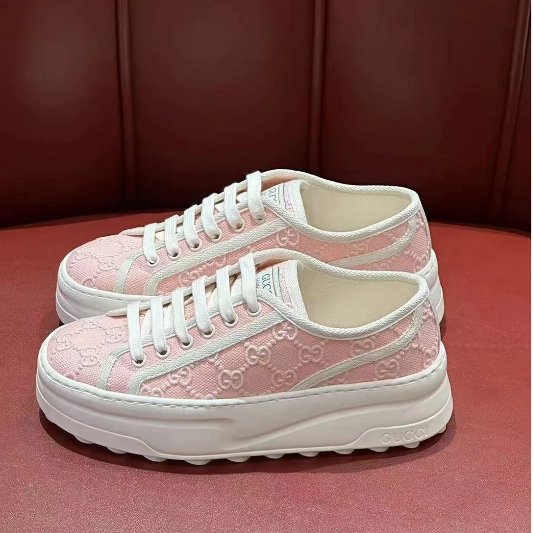 全新未使用 GUCCI/古驰 厚底帆布休闲运动鞋 粉色/37