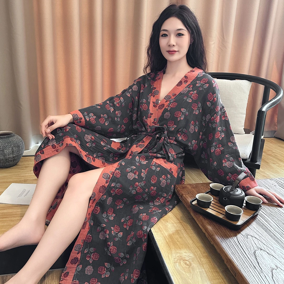 棉纱薄款大码睡袍女200斤夏天宽松V领开衫睡衣胖mm纯棉浴袍家居服