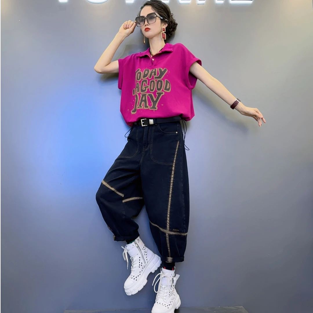 G99-1夏款短袖印花四色系扣翻领上衣-撞色线条设计四色牛仔裤