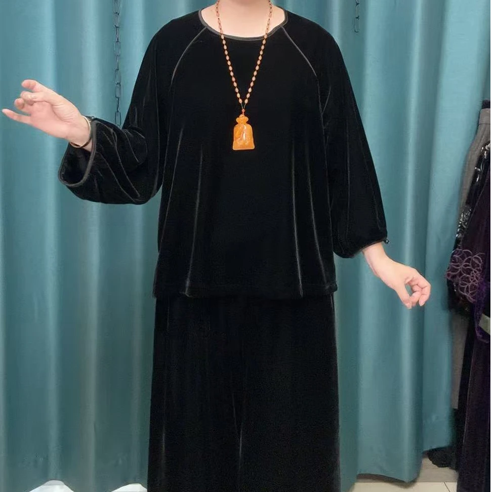 秋季新款圆领宽松黑色蝙蝠袖丝绒妈妈套装