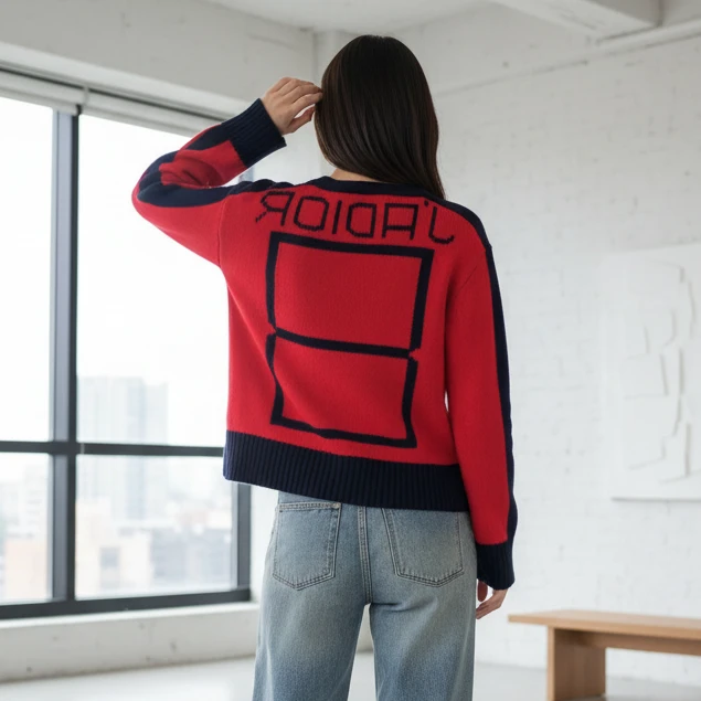 未使用 DIOR/迪奥 字母针织圆领长袖毛衣 藏青色/红/34/公价16000