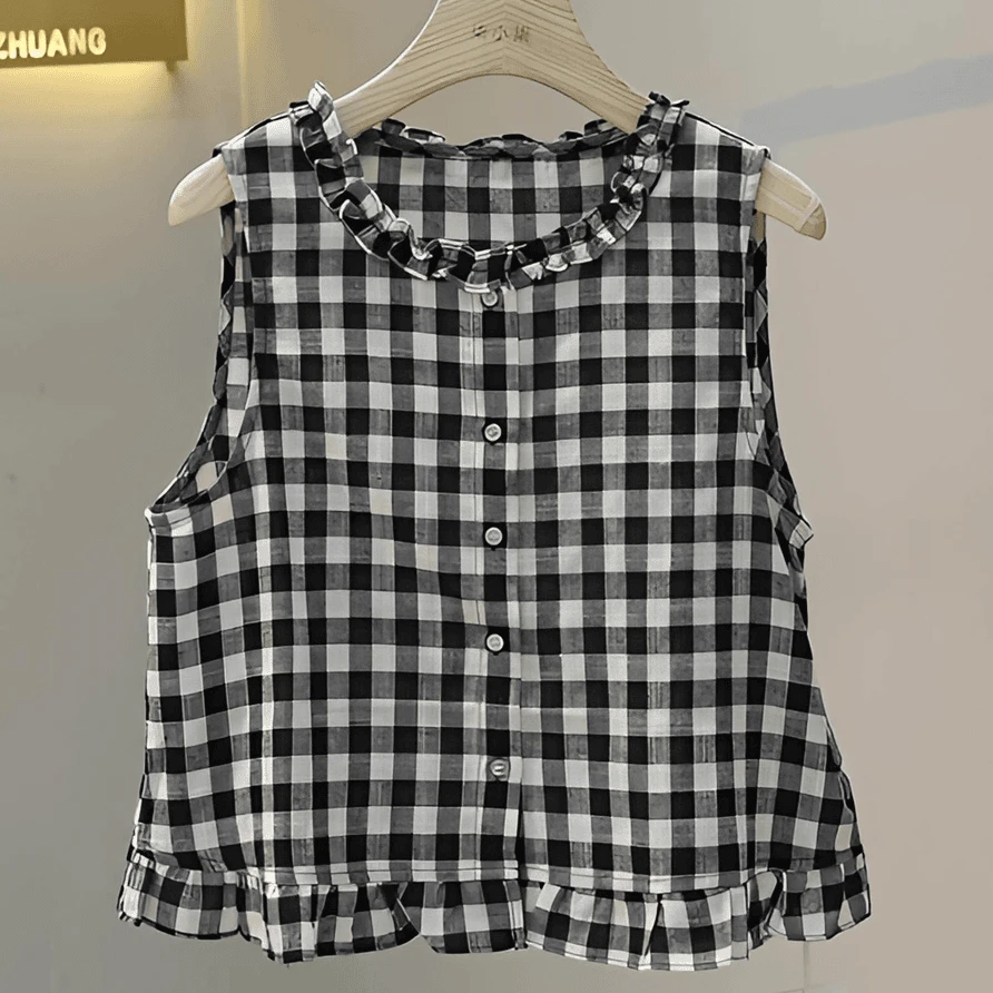 宽松休闲格子圆领无袖衬衫夏季新款显瘦内搭老钱风松弛感女装上衣
