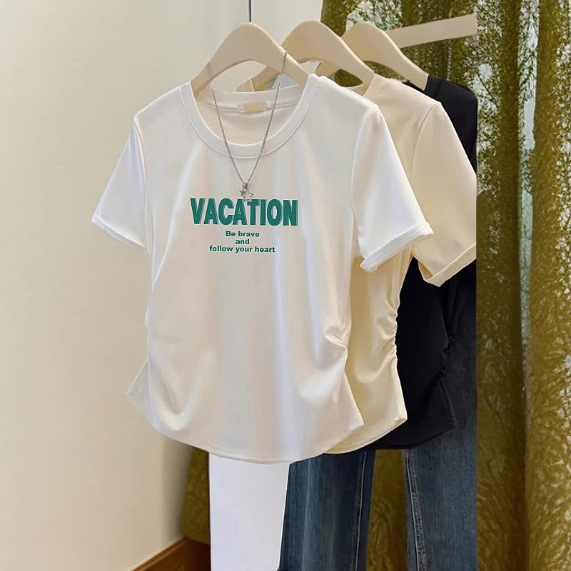 2025年新款正肩t恤女短袖夏季情侣修身体恤显瘦圆领印花上衣潮牌
