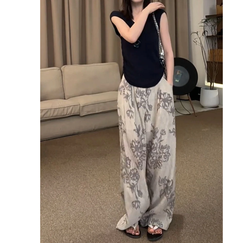 法式复古显瘦印花休闲直筒阔腿裤女2025春夏新款气质百搭休闲裤潮