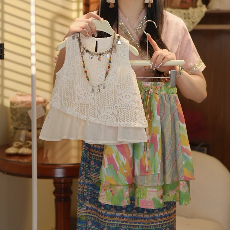 夏季女童假两件镂空无袖上衣＋波西米亚半身裙旅游度假风亲子套装