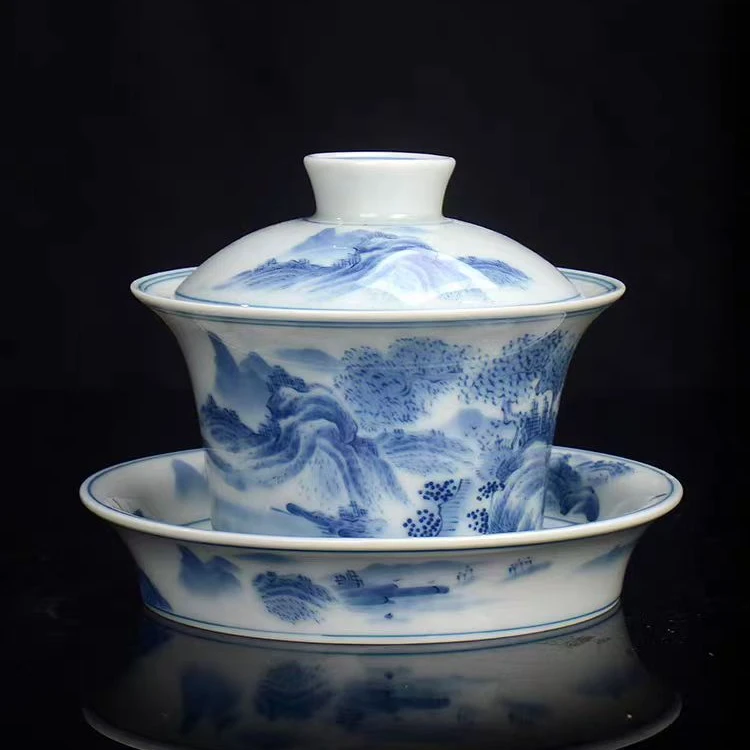 高档誉器堂山水釉下彩马蹄三才盖碗复古陶瓷茶盖碗纯手工