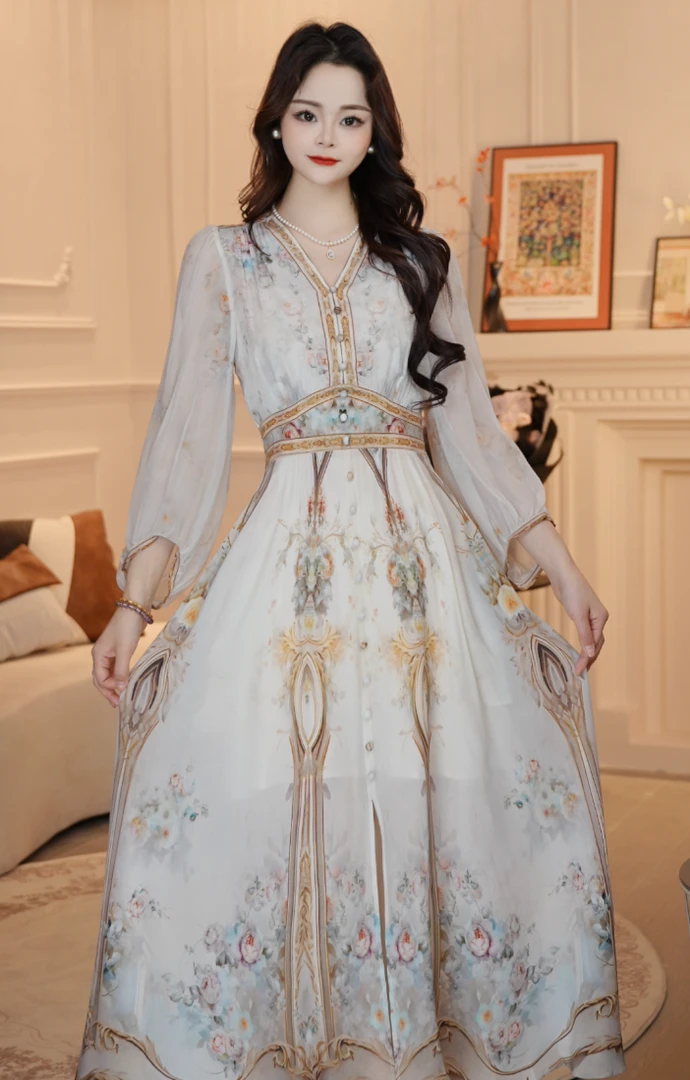 【欧若拉】显瘦大摆裙连衣裙长款中国风复古中袖优优雅连衣裙