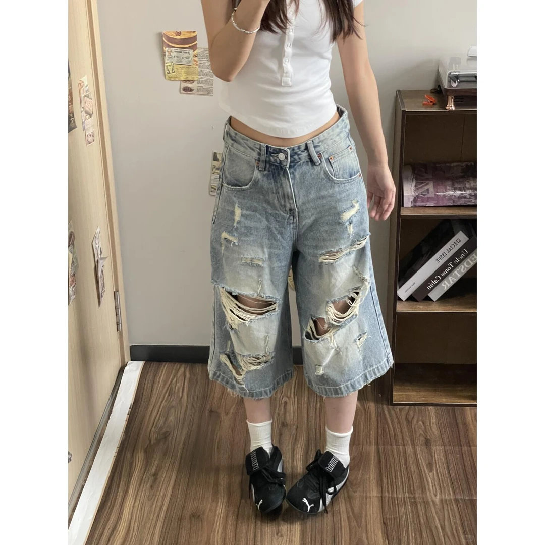 美式水洗破洞直筒牛仔裤女夏季休闲辣妹潮流百搭阔腿七分牛仔裤子