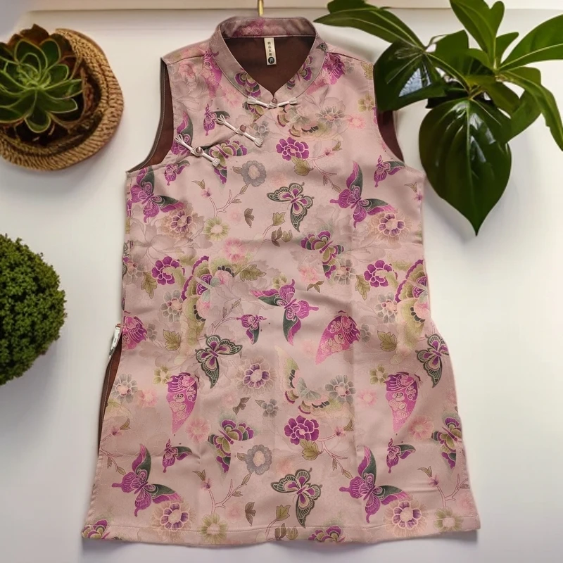 W057夏款新中式轻奢显瘦中国风上衣复古网红无袖中长款花色女马甲