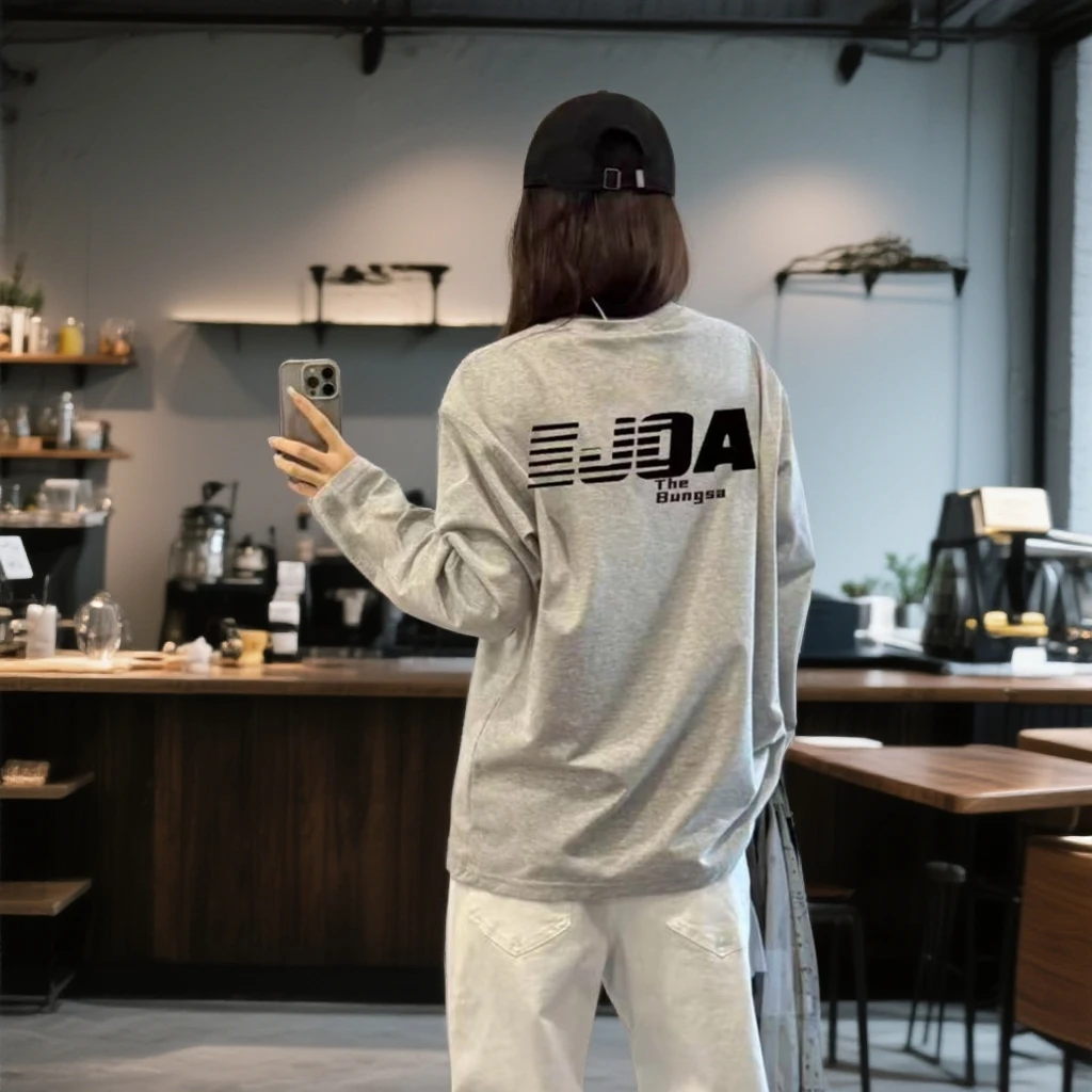 美式长袖t恤女早秋印花新款宽松慵懒风设计感小众秋季上衣情侣装