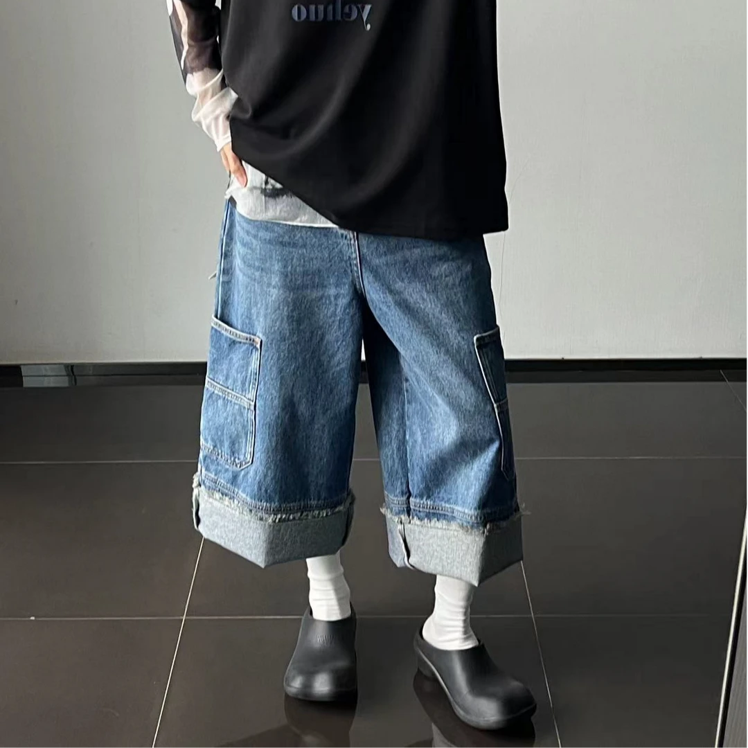 复古蓝毛边牛仔8分裤