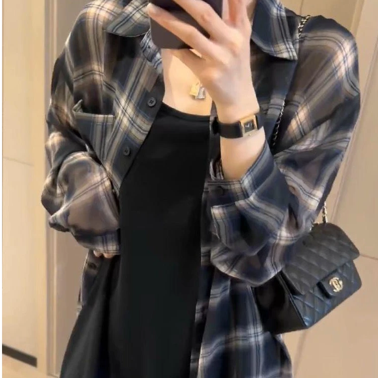 气质慵懒时尚宽松休闲格子长袖衬衣百搭显瘦衬衫韩版格纹春游