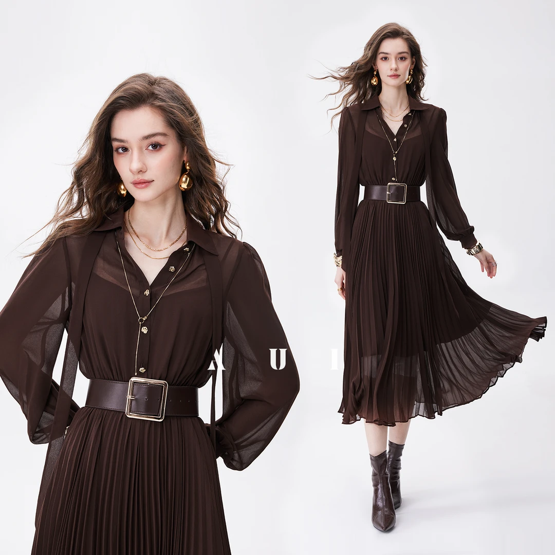 aui时尚衬衫连衣裙早秋新款修身a字polo黑色连衣裙25Q010268