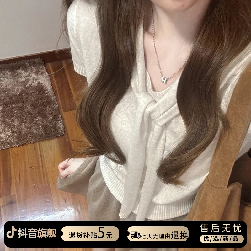 法式气质绑带针织短袖t恤女夏季2025新款正肩小个子修身短款上衣