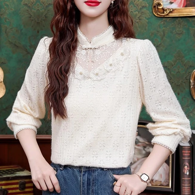 加绒加厚蕾丝打底衫女秋冬季内搭长袖新中式小衫国风改良旗袍上衣