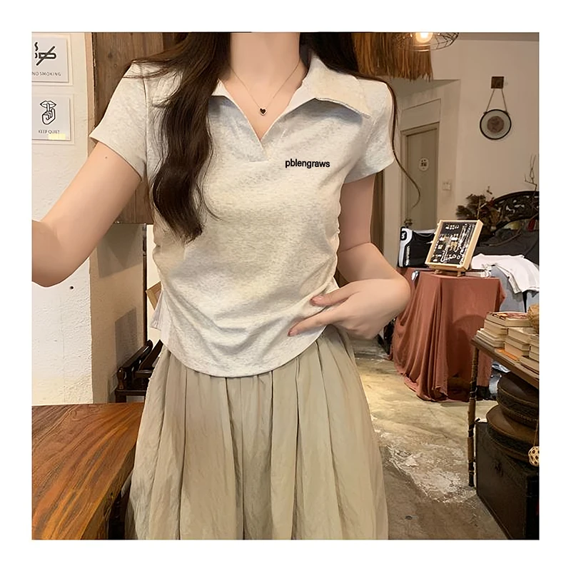 独特甜辣polo领正肩t恤女夏季浅灰色ins修身短袖超好看纯欲风上衣