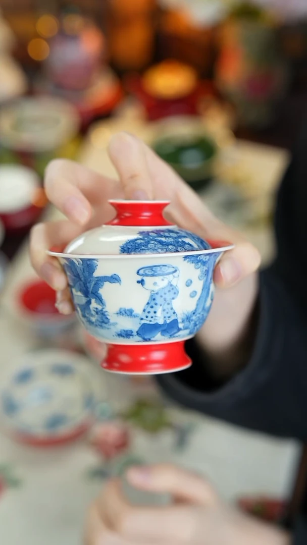 景德镇手工手绘釉下青花雨香斋宫墙红盖碗