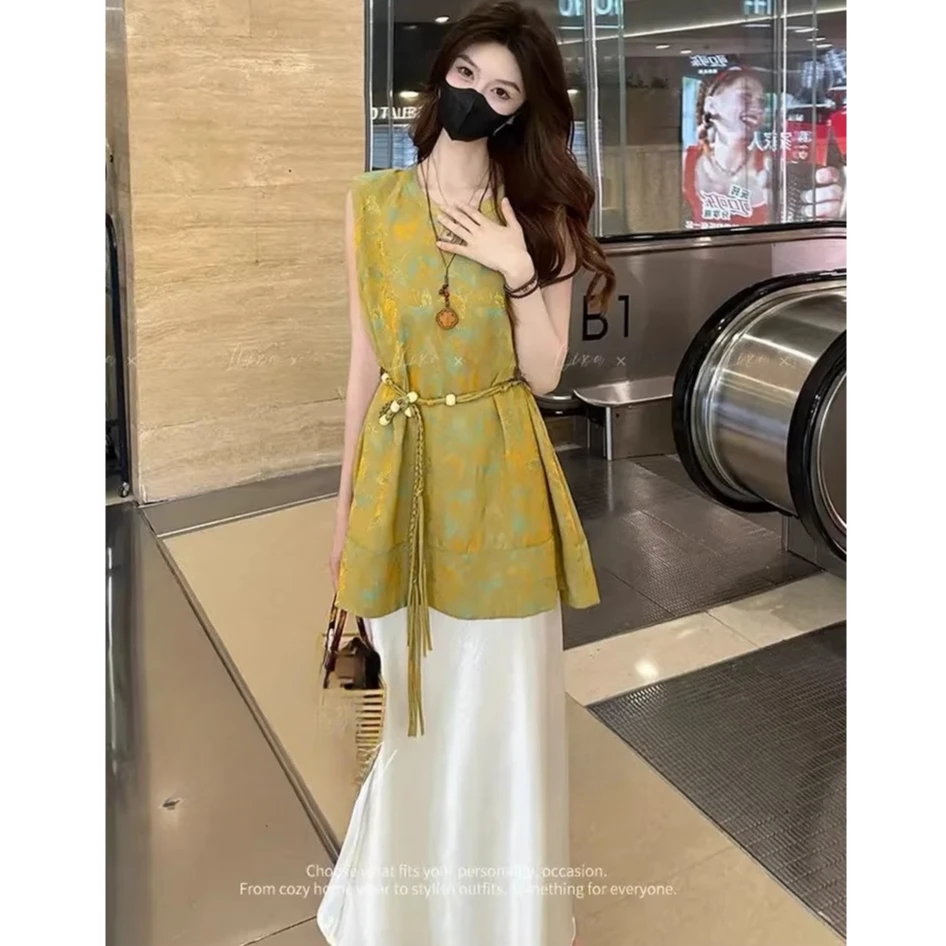 拉夏贝尔时尚套装女夏季洋气显瘦新中式背心上衣半身裙气质两件套