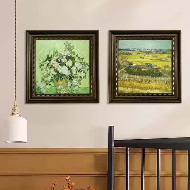 美式复古梵高白玫瑰+丰收麦田油画风客厅卧室餐厅玄关装饰挂画