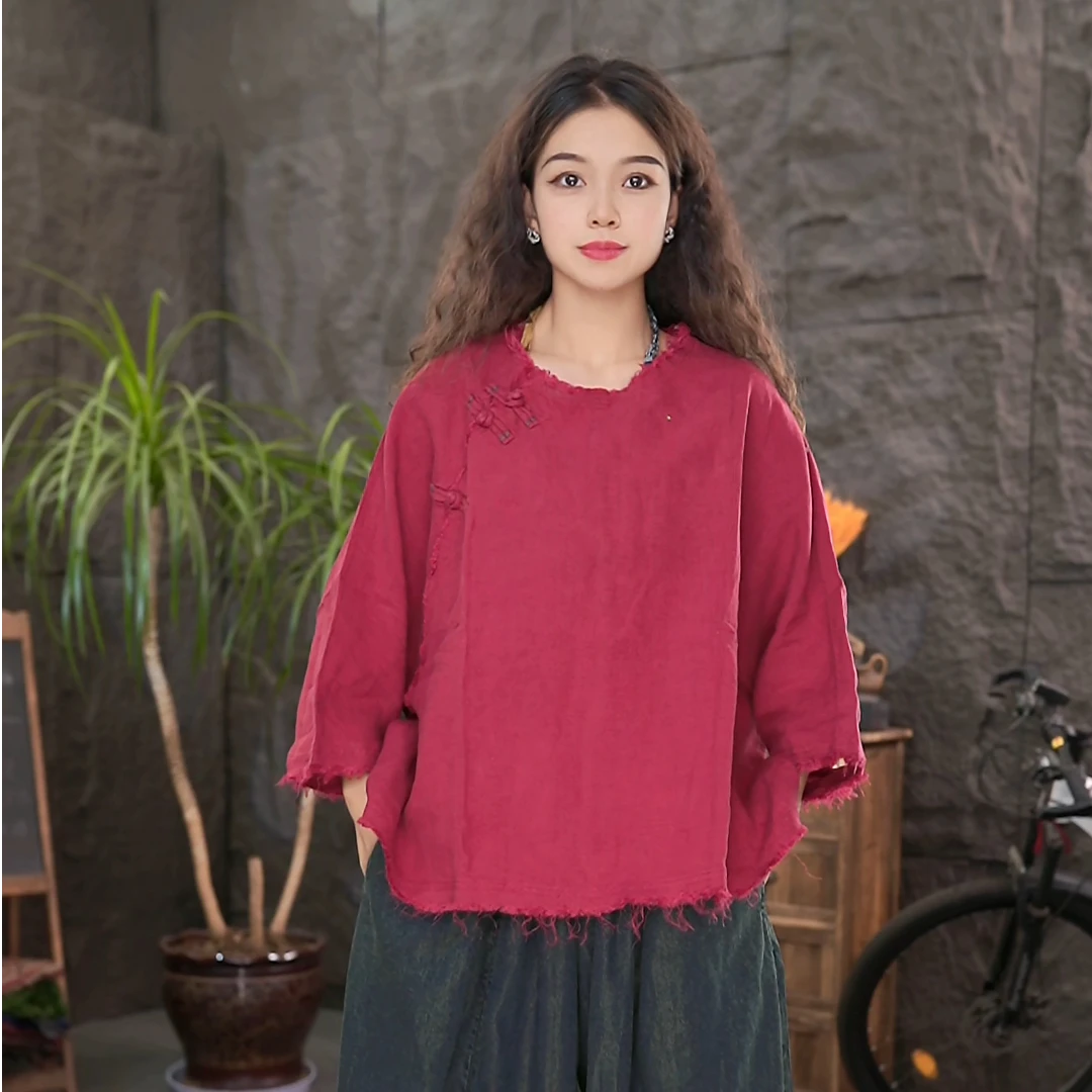 LL斜襟亚麻小衫女装2025新款百搭中式宽松上衣