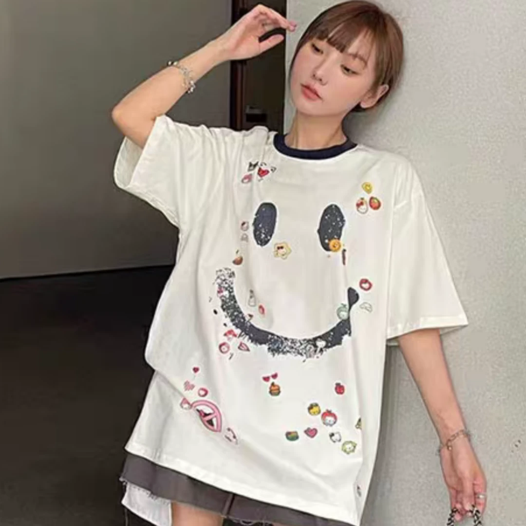 【济州岛】RUITI XI  新款美式复古笑脸印花大版短袖