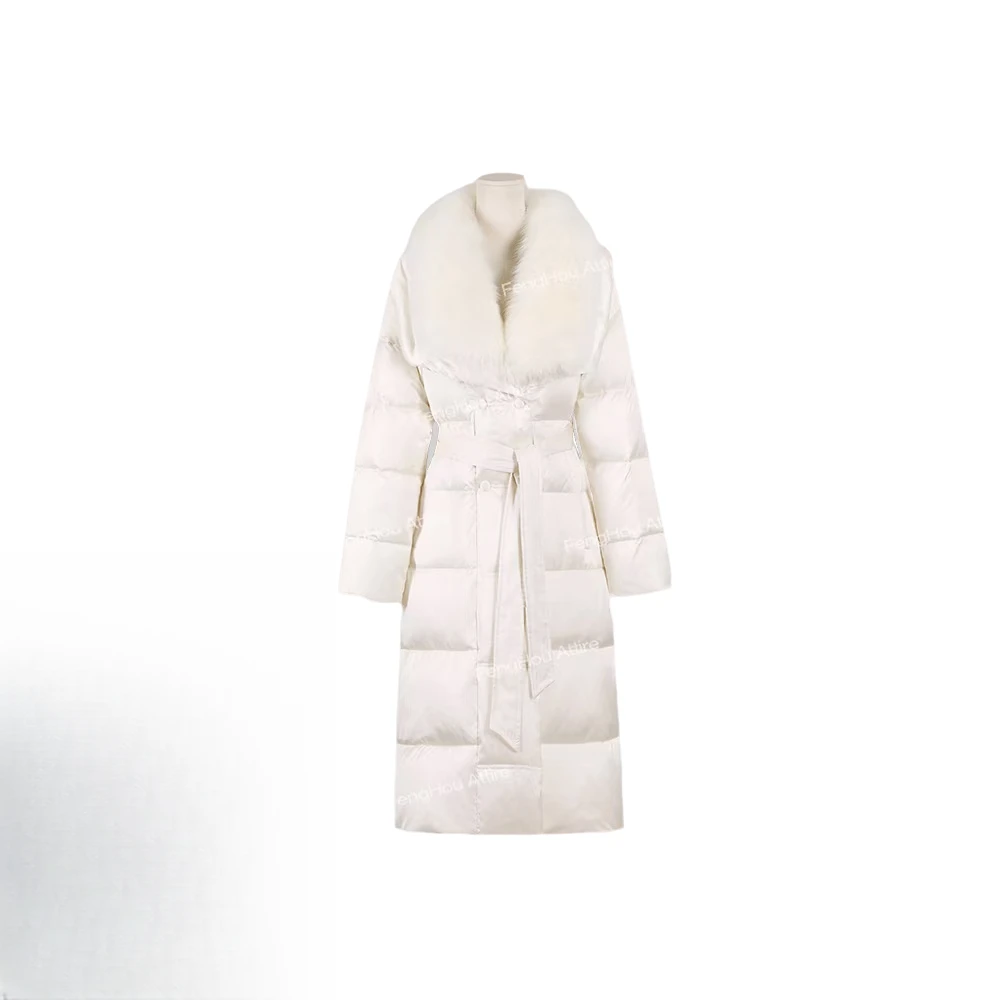 2024冬季中长款缎面长条狐狸毛领羽绒服707