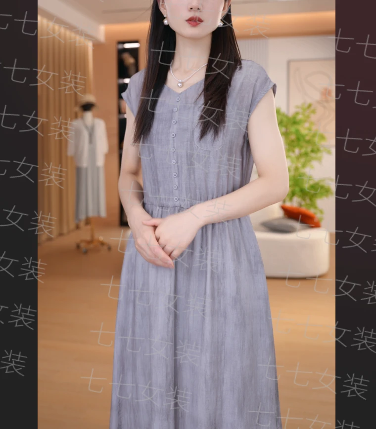 七七原创夏季新款飞飞袖气质时尚减龄文艺显瘦中长款连衣裙7738