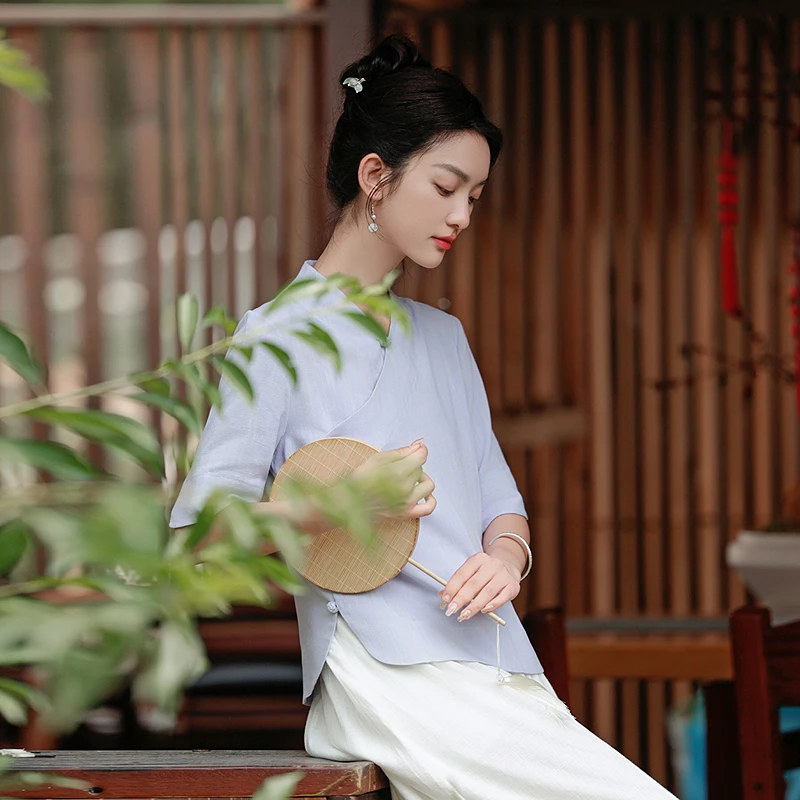 唐装中国风汉服佛系素衣唐装夏装禅修服女寺院禅服民国风上衣