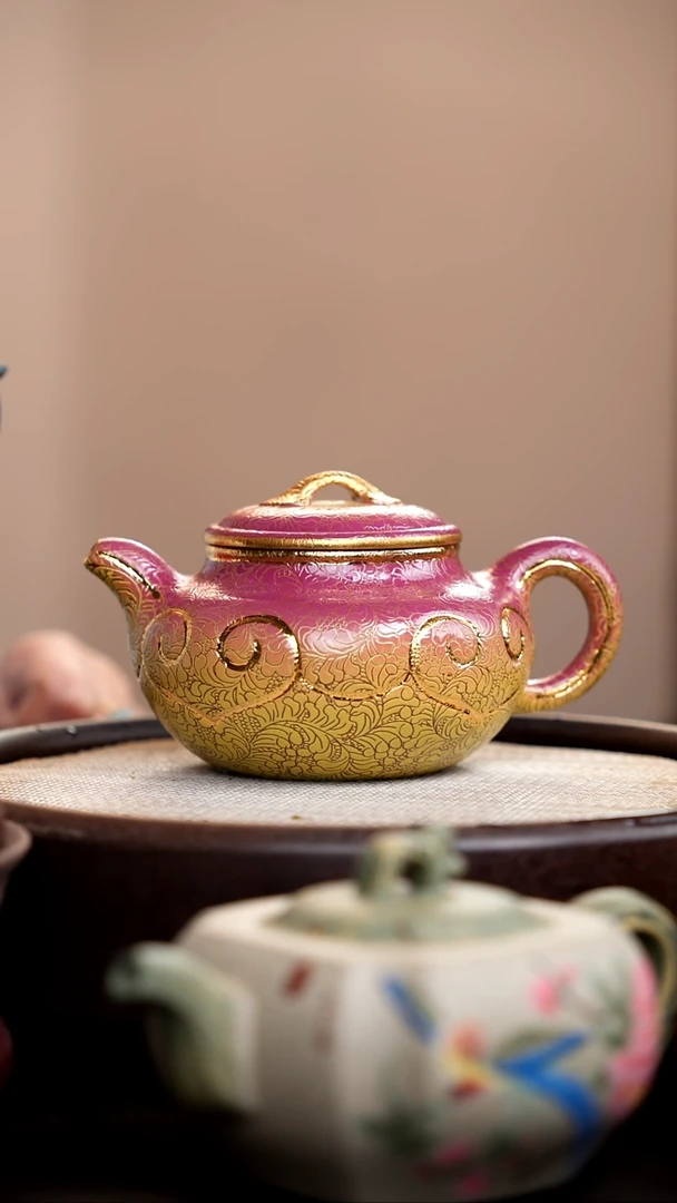 茶壶紫砂扒花仿古如意玫瑰金