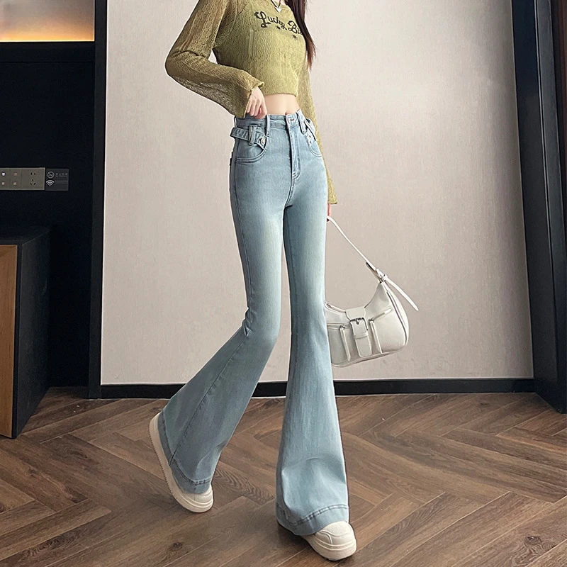 辣妹喇叭裤牛仔裤女长裤新款修身弹力显瘦浅蓝色拖地设计感微喇叭