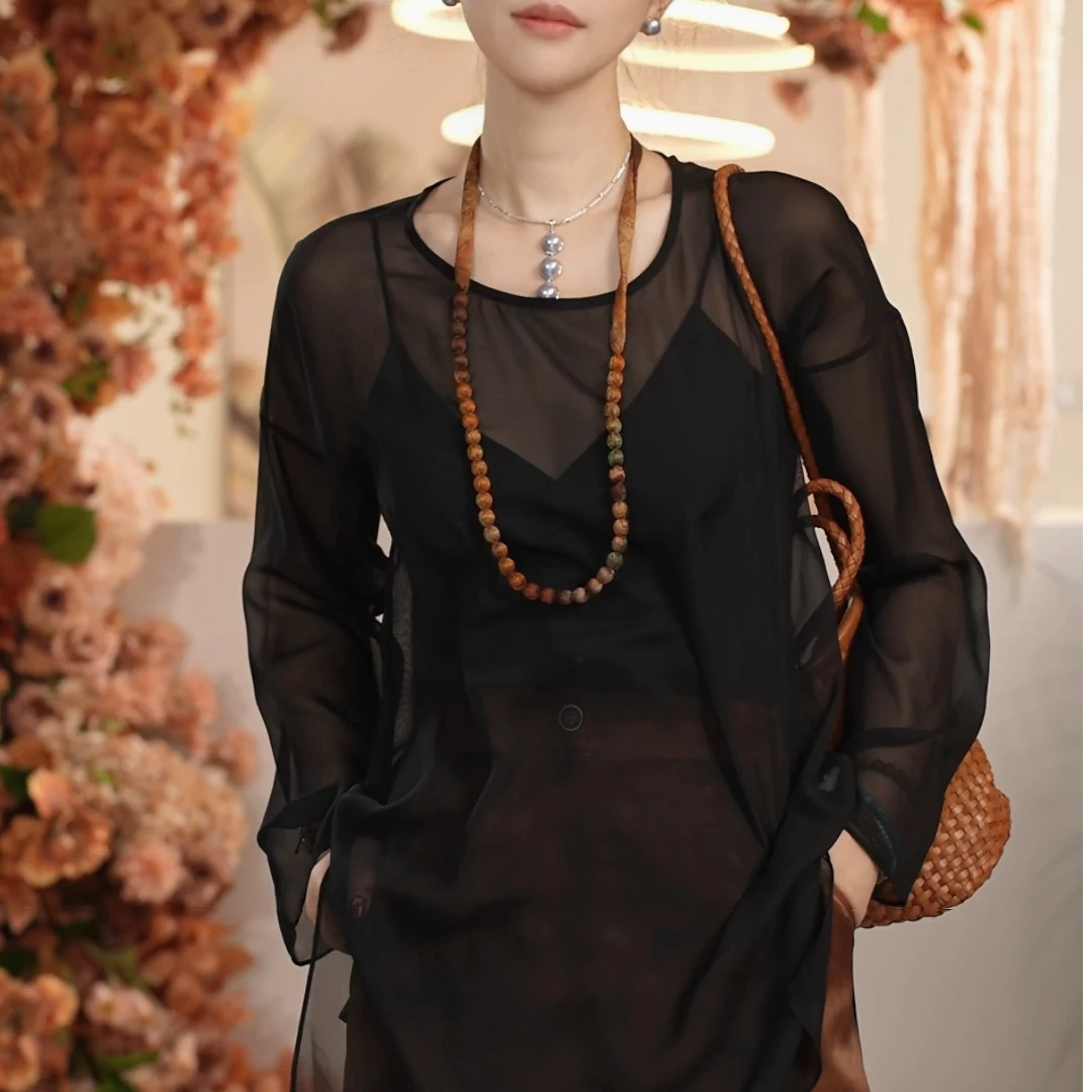 Y【叭哒不惑】丝带黑巧 桑蚕丝舒适薄款圆领长袖罩衫女上衣含吊带