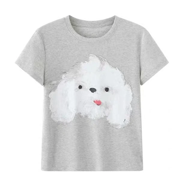 1482春季2025新款灰色简约小狗印花圆领短袖T恤