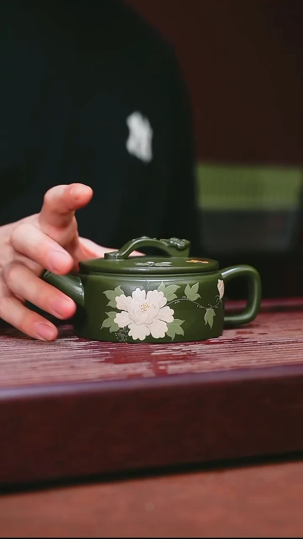 紫砂公道杯宜兴原矿紫砂  绿泥牡丹汉瓦