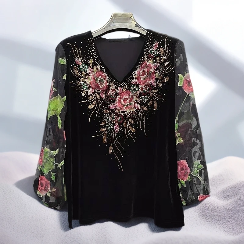 荣澜春季新款韩国进口丝绒上衣中老年妈妈上衣1631