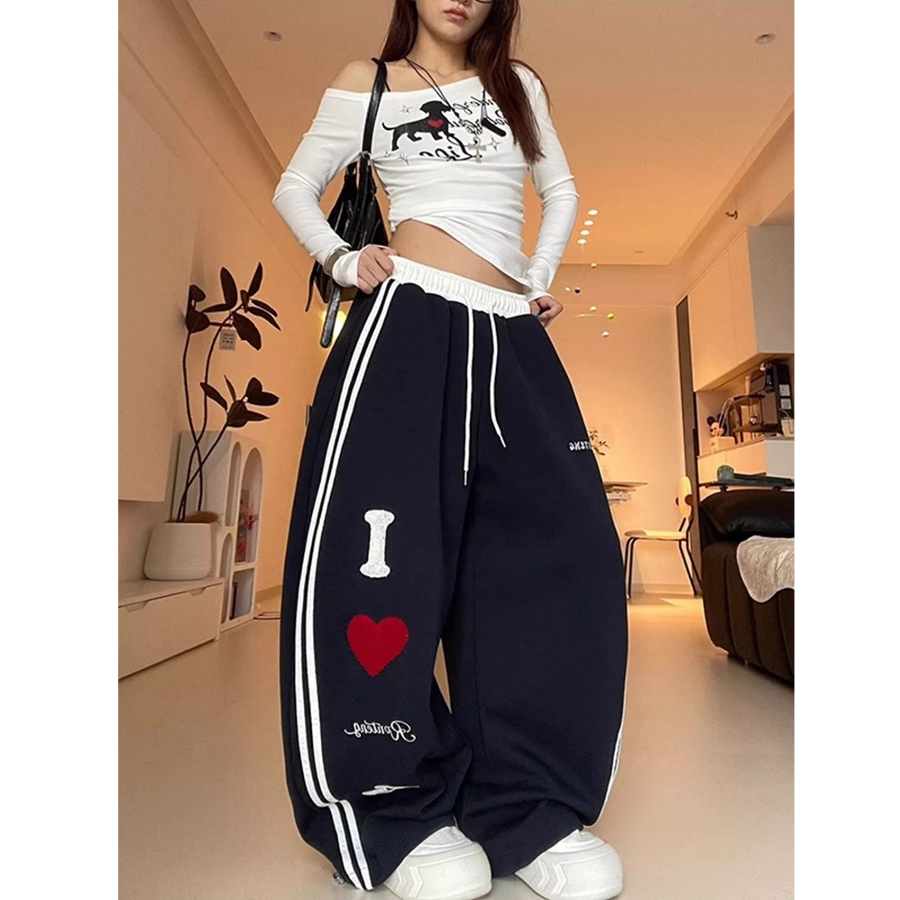 美式复古字母爱心刺绣运动卫裤女秋季新款街舞阔腿休闲拖地长裤