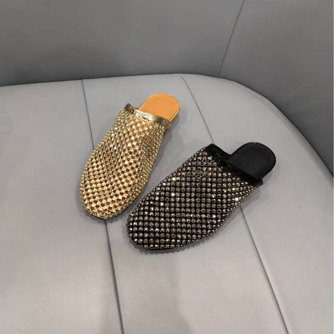 新款尼龙鱼网满钻平底凉拖鞋半拖鞋