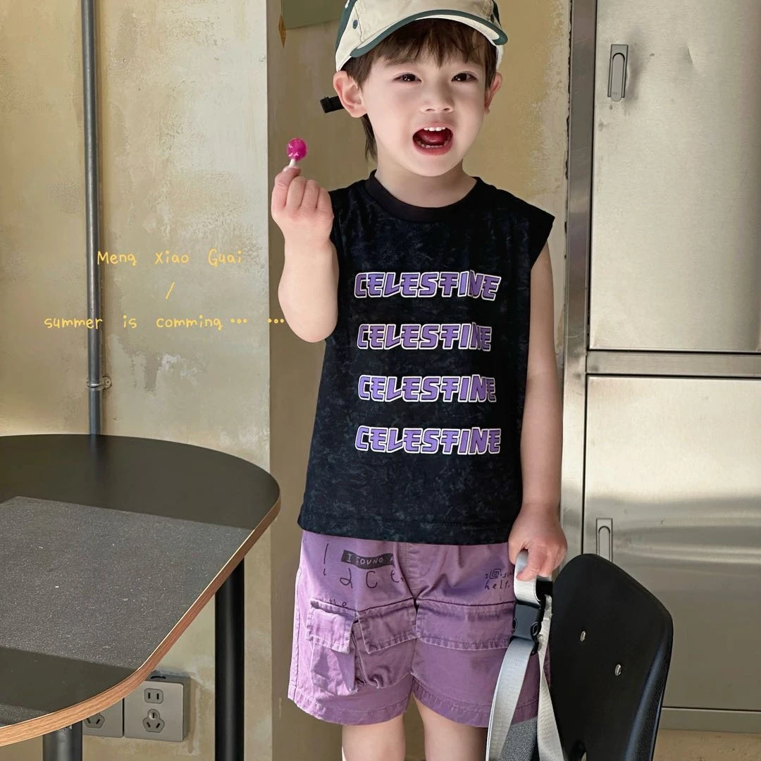 (073)紫色字母背心短裤套装男童夏季