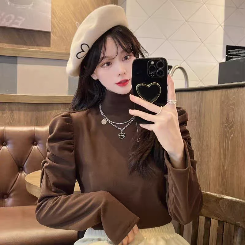 编号（051-100）长袖半高领高领休闲宽松T恤宽松型秋季泡泡袖