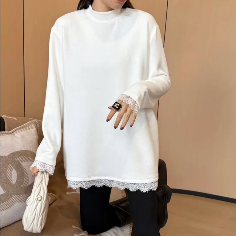 假两件长袖拼接白色T恤气质女冬宽松中长款遮屁股内搭打底衫上衣