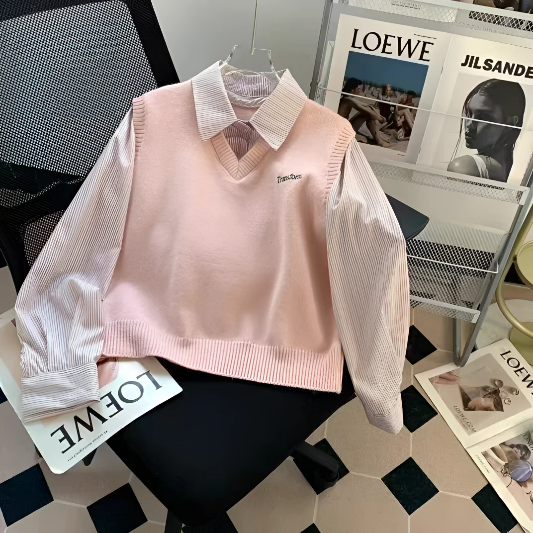 2025年春新款女装时尚针织毛衣条纹衬衫两件套高级感穿搭漂亮上衣