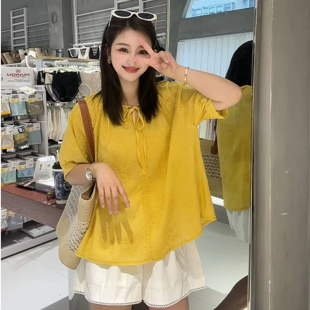 贝姐同款【刺绣蝴蝶结衬衫】夏季新款~提花刺绣甜短袖衬衫28