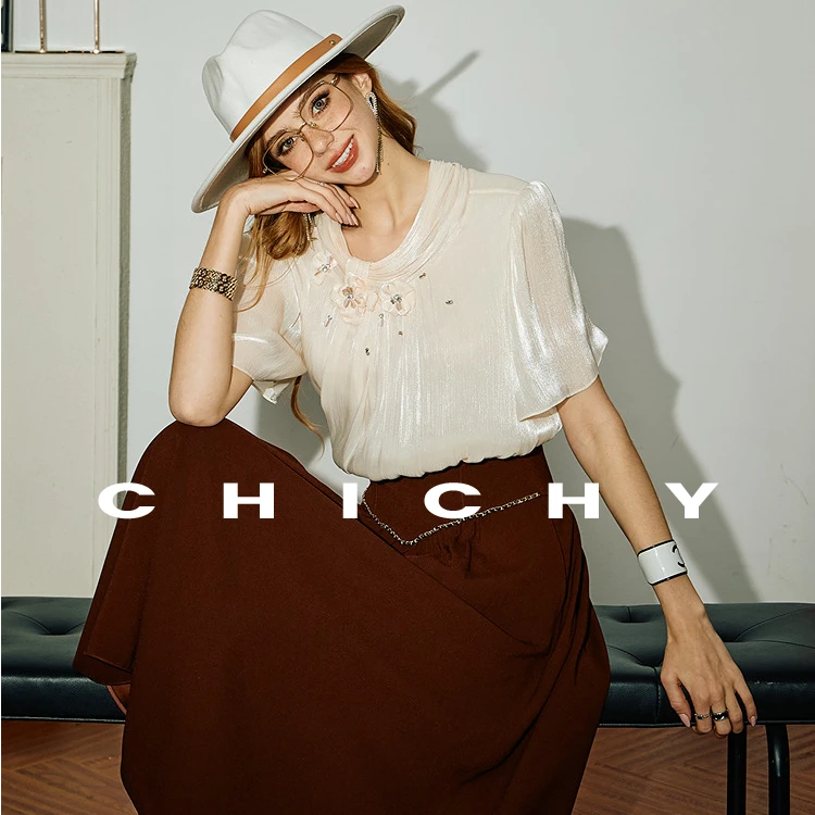 【诗语专属】CHICHY洋气千金香槟色缎面设计感衬衫CC1D009252