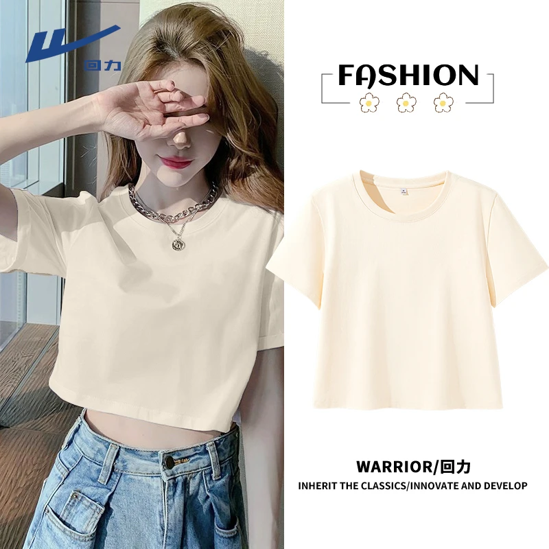 回力纯棉短袖T恤韩版女装2025夏装宽松时尚百搭纯色运动圆领半袖