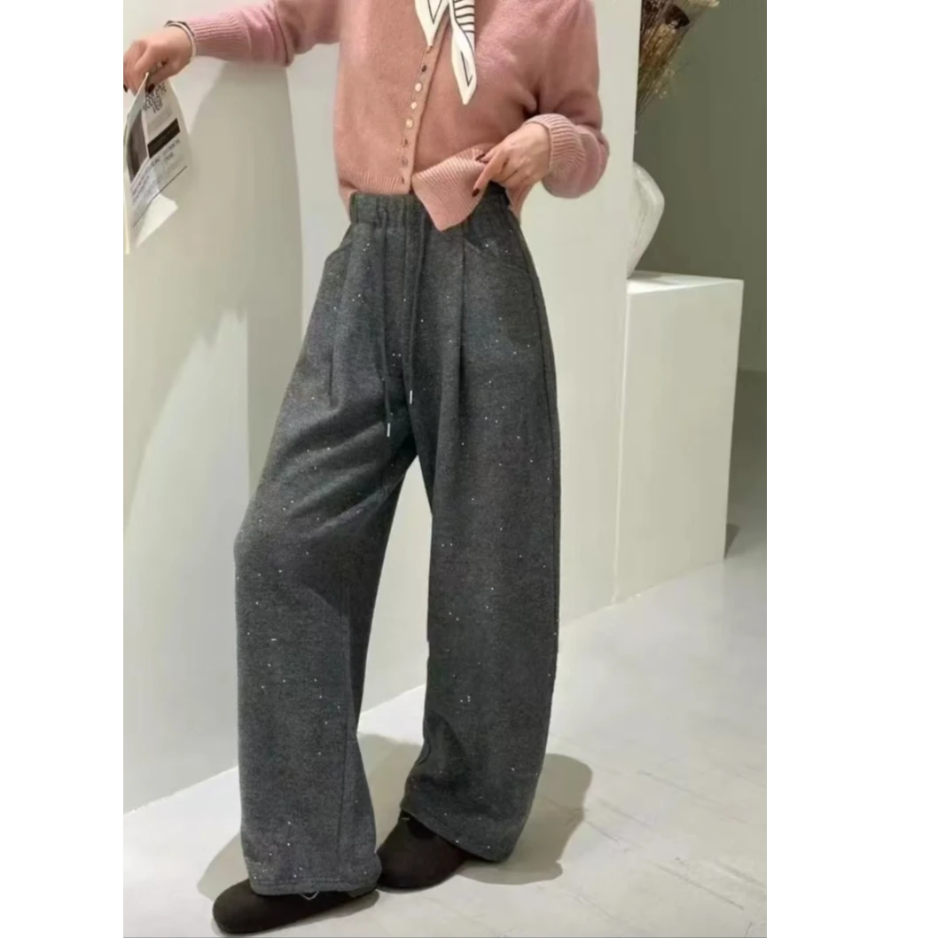 老钱风针织高腰休闲风休闲裤闪闪垂感春游显瘦衣服炸街卫裤长裤